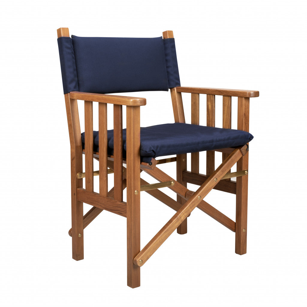 Navy Blue and Natural Wood Solid Wood Indoor Outdoor Director Chair with Navy Blue Cushion By Homeroots | Outdoor Chairs | Modishstore - 2