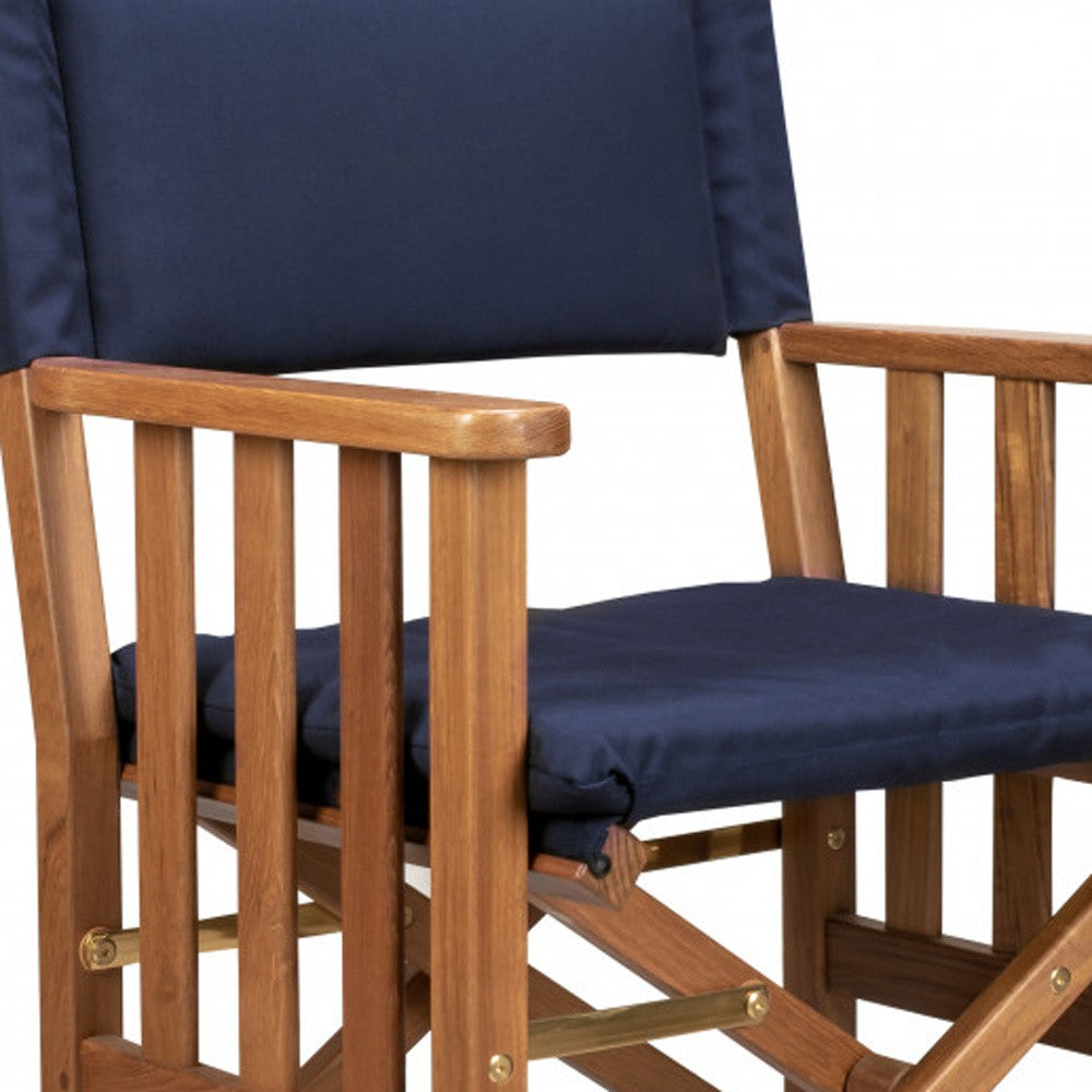 Navy Blue and Natural Wood Solid Wood Indoor Outdoor Director Chair with Navy Blue Cushion By Homeroots | Outdoor Chairs | Modishstore - 4