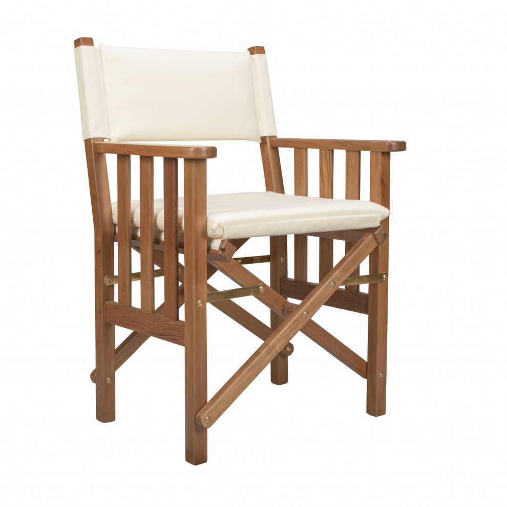 Ivory and Natural Wood Solid Wood Indoor Outdoor Director Chair with Ivory Cushion By Homeroots | Outdoor Chairs | Modishstore - 2