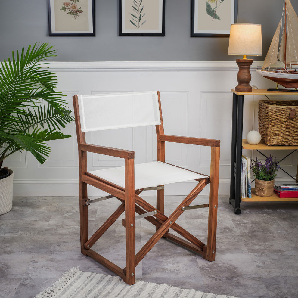 White and Natural Wood Solid Wood Indoor Outdoor Director Chair By Homeroots | Outdoor Chairs | Modishstore - 2