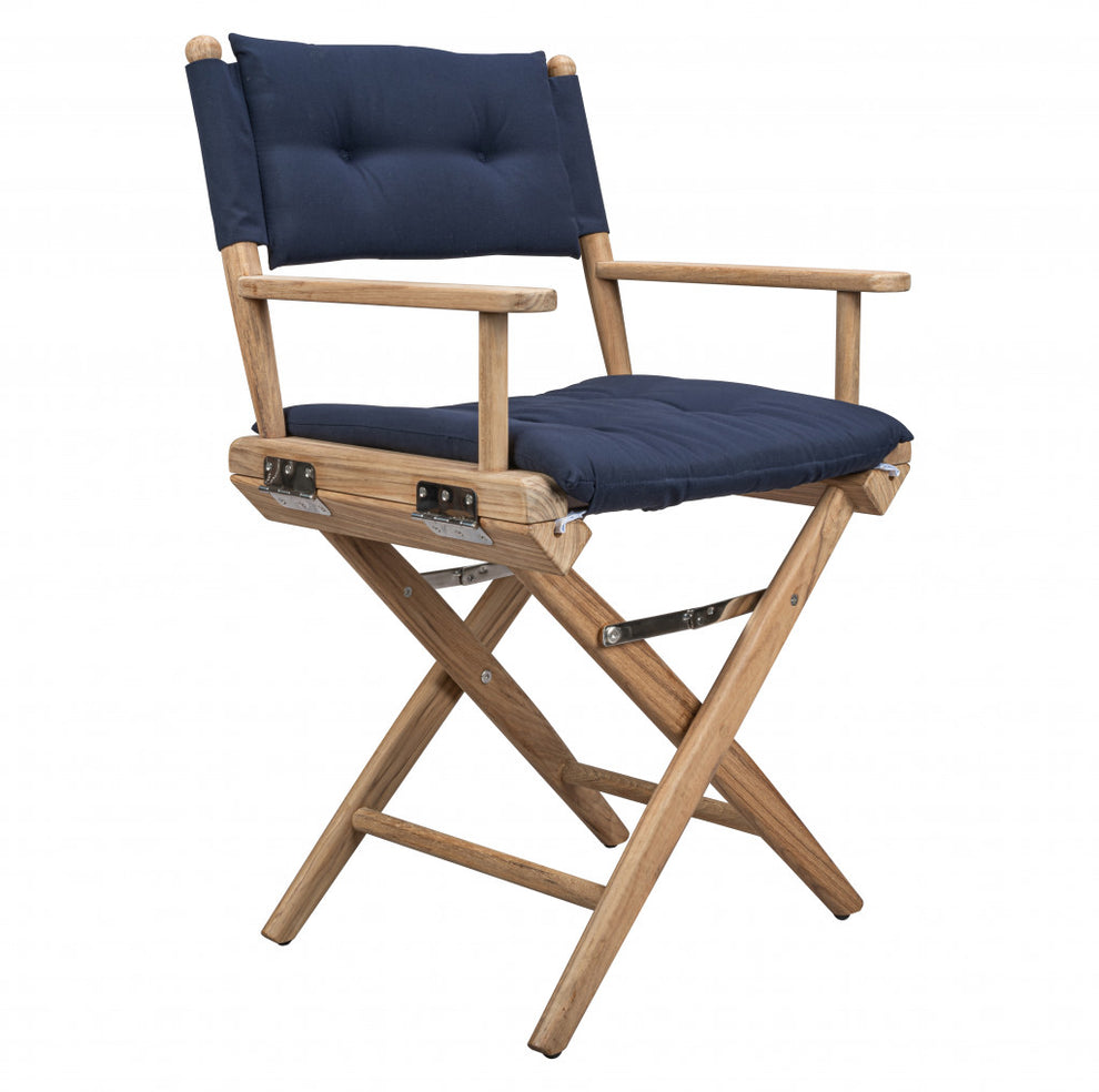 Navy Blue And Brown Solid Wood Director Chair With Navy Blue Cushion By Homeroots | Outdoor Chairs | Modishstore - 5