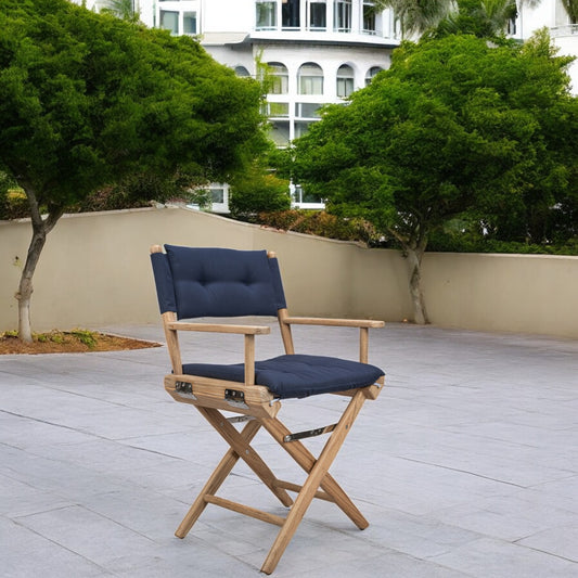 Navy Blue And Brown Solid Wood Director Chair With Navy Blue Cushion By Homeroots | Outdoor Chairs | Modishstore - 1