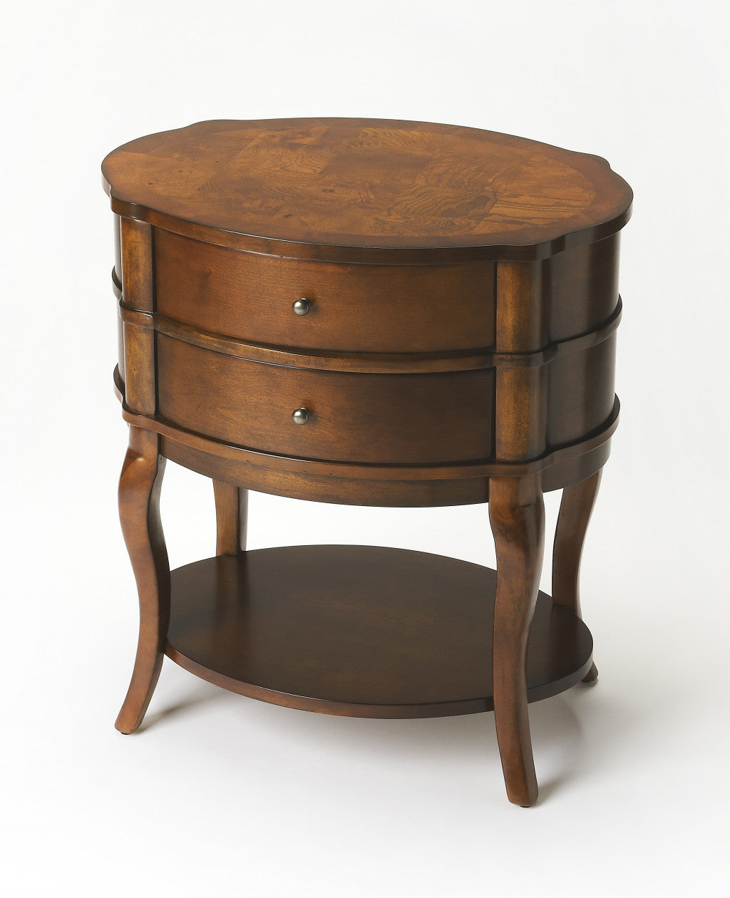 Medium Brown And Umber Solid And Manufactured Wood Oval End Table With Two Drawers And Shelf By Homeroots | End Tables | Modishstore - 1