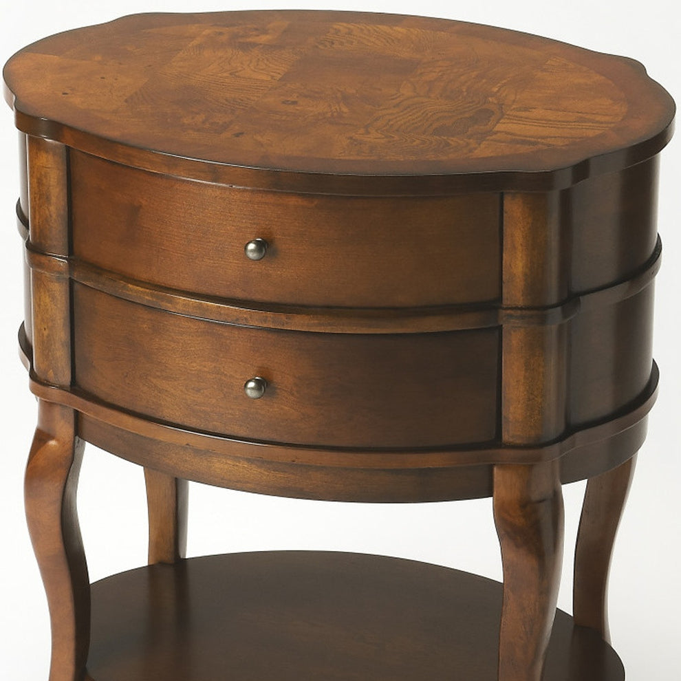 Medium Brown And Umber Solid And Manufactured Wood Oval End Table With Two Drawers And Shelf By Homeroots | End Tables | Modishstore - 4