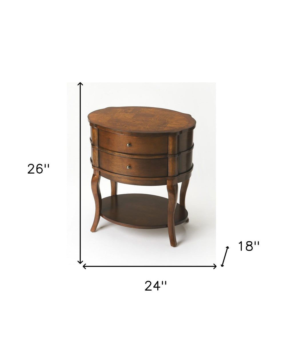 Medium Brown And Umber Solid And Manufactured Wood Oval End Table With Two Drawers And Shelf By Homeroots | End Tables | Modishstore - 7