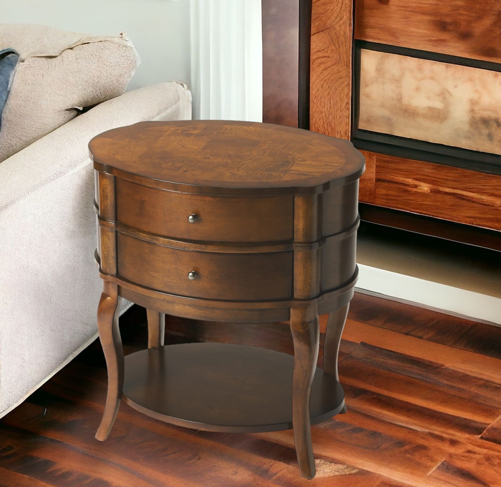 Medium Brown And Umber Solid And Manufactured Wood Oval End Table With Two Drawers And Shelf By Homeroots | End Tables | Modishstore - 5