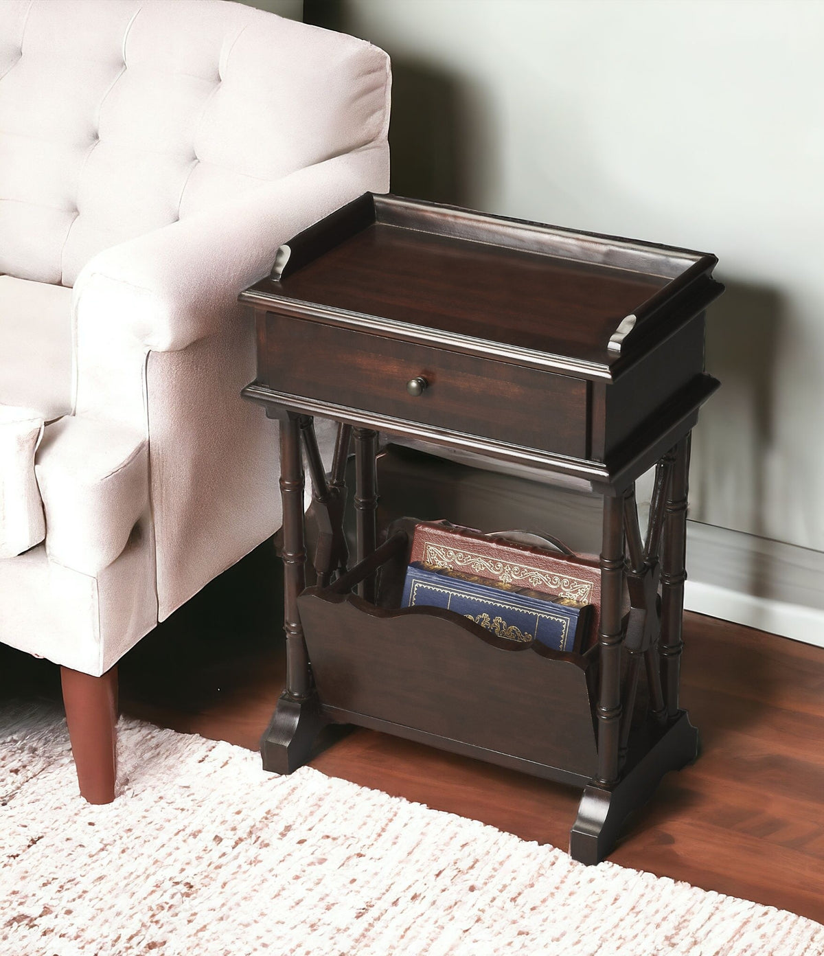 Black Solid and Manufactured Wood End Table With Drawer And Shelf With Magazine Holder By Homeroots | End Tables | Modishstore - 6