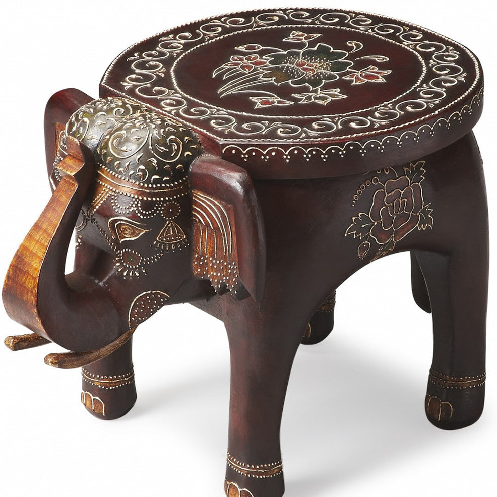 Warm Brown Hand Painted Floral 3D Elephant End Table By Homeroots | End Tables | Modishstore - 2