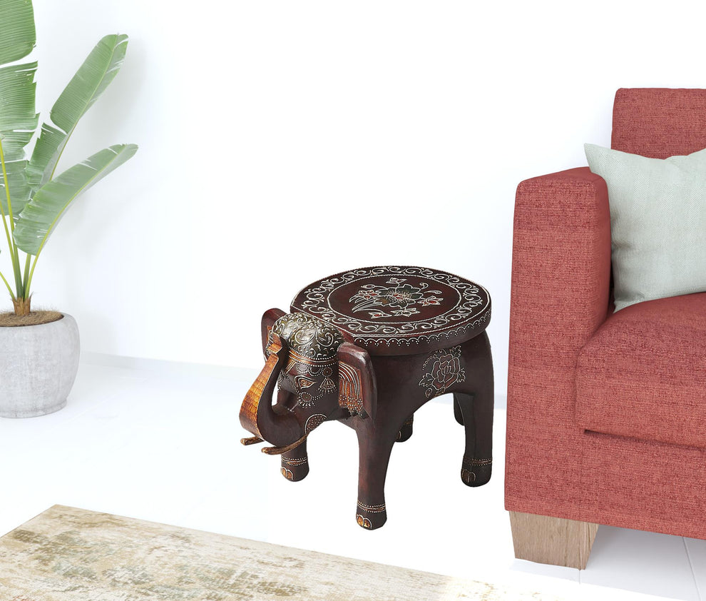 Warm Brown Hand Painted Floral 3D Elephant End Table By Homeroots | End Tables | Modishstore - 3