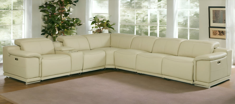 Beige Italian Leather Power Reclining U Shaped Seven Piece Corner Sectional With Console By Homeroots | Outdoor Sofas, Loveseats & Sectionals | Modishstore - 2