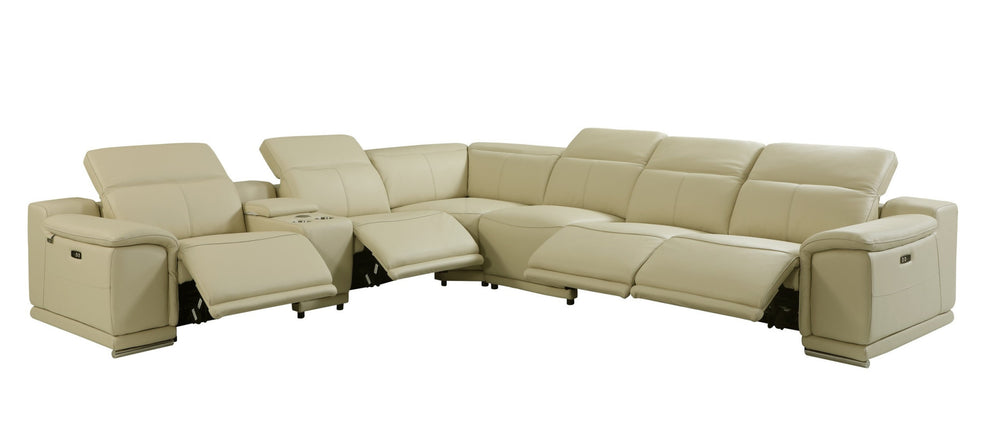 Beige Italian Leather Power Reclining U Shaped Seven Piece Corner Sectional With Console By Homeroots | Outdoor Sofas, Loveseats & Sectionals | Modishstore - 8