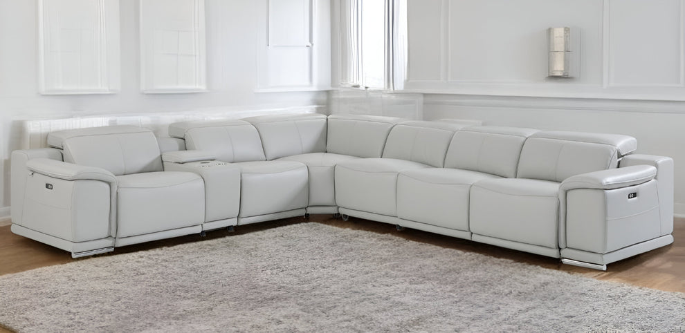 Light Gray Italian Leather Power Reclining U Shaped Seven Piece Corner Sectional With Console By Homeroots | Outdoor Sofas, Loveseats & Sectionals | Modishstore - 2