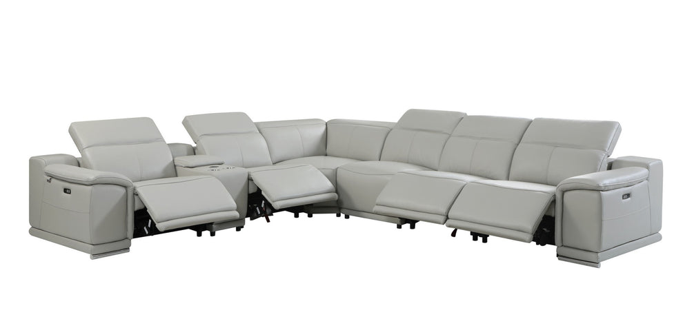 Light Gray Italian Leather Power Reclining U Shaped Seven Piece Corner Sectional With Console By Homeroots | Outdoor Sofas, Loveseats & Sectionals | Modishstore - 5