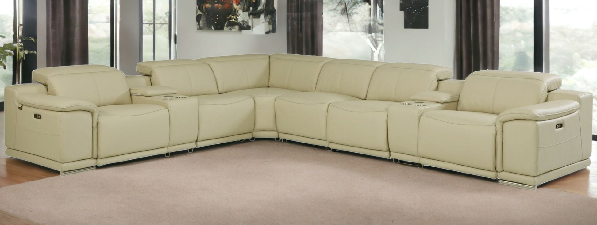 Beige Italian Leather Power Reclining U Shaped Eight Piece Corner Sectional With Console By Homeroots | Outdoor Sofas, Loveseats & Sectionals | Modishstore - 2