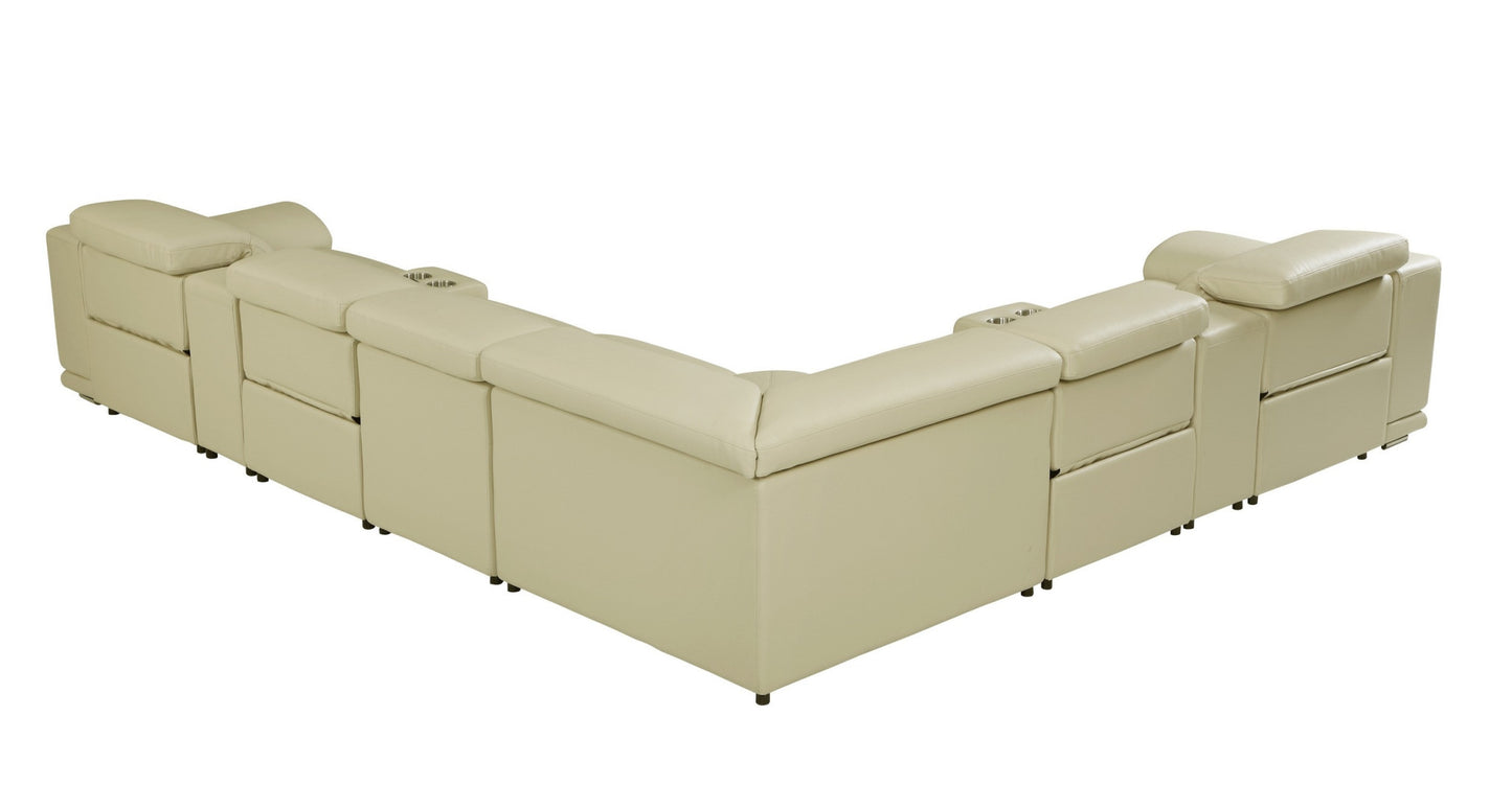Beige Italian Leather Power Reclining U Shaped Eight Piece Corner Sectional With Console By Homeroots | Outdoor Sofas, Loveseats & Sectionals | Modishstore - 5