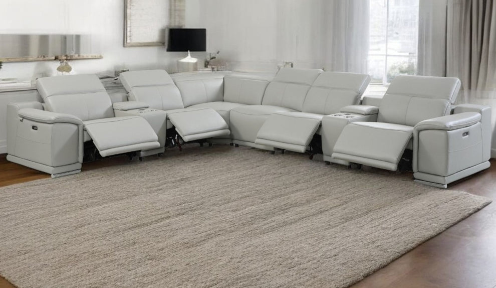 Light Gray Italian Leather Power Reclining U Shaped Eight Piece Corner Sectional With Console By Homeroots | Outdoor Sofas, Loveseats & Sectionals | Modishstore - 2