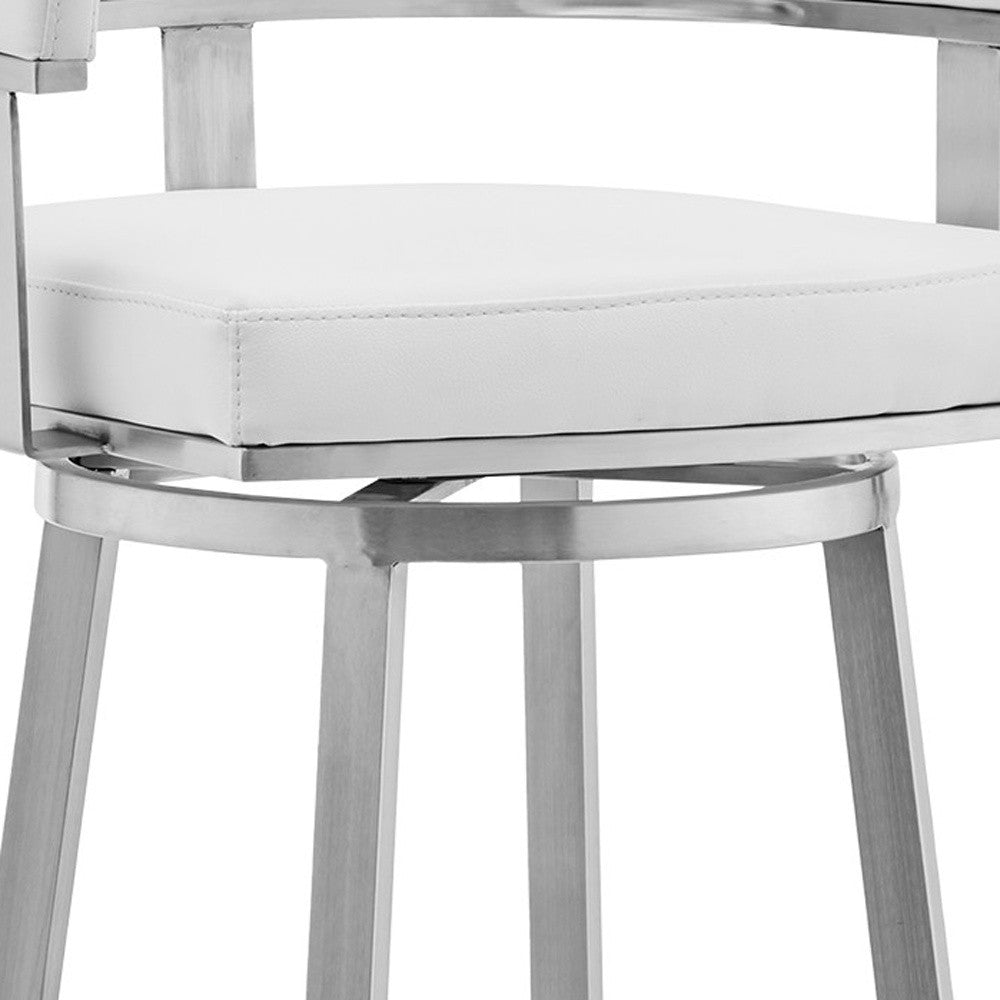 White and Silver Faux Leather Stainless Steel Low Back Bar Height Swivel Bar Chair By Homeroots | Bar Stools | Modishstore - 5