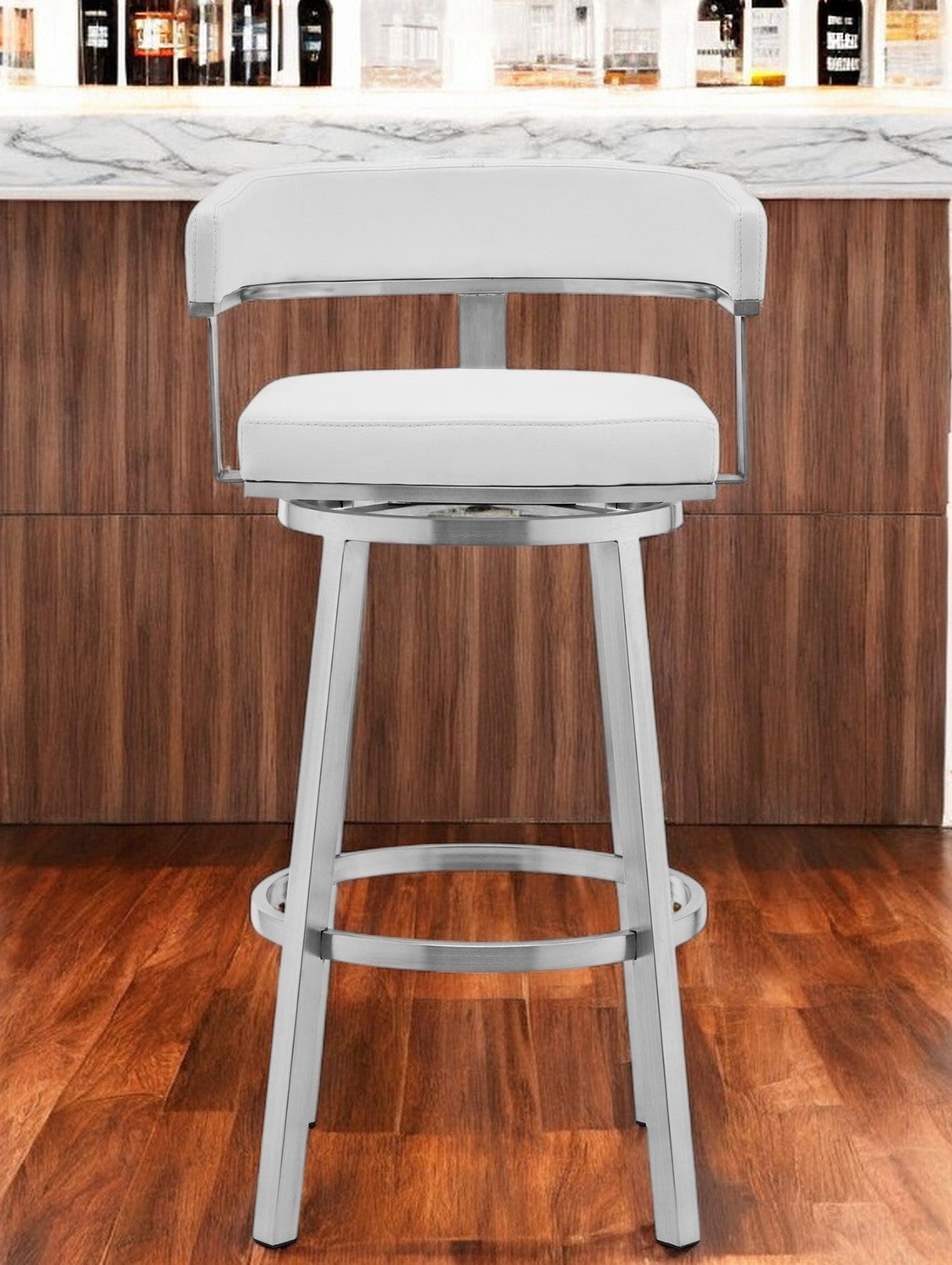 White and Silver Faux Leather Stainless Steel Low Back Bar Height Swivel Bar Chair By Homeroots | Bar Stools | Modishstore - 1