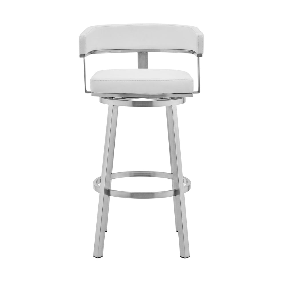 White and Silver Faux Leather Stainless Steel Low Back Bar Height Swivel Bar Chair By Homeroots | Bar Stools | Modishstore - 7