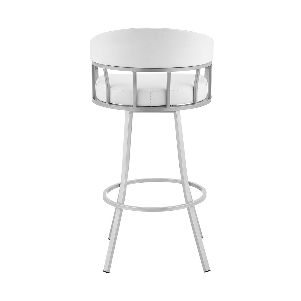 White And Silver Faux Leather And Iron Swivel Low Back Bar Height Bar Chair By Homeroots | Bar Stools | Modishstore - 4