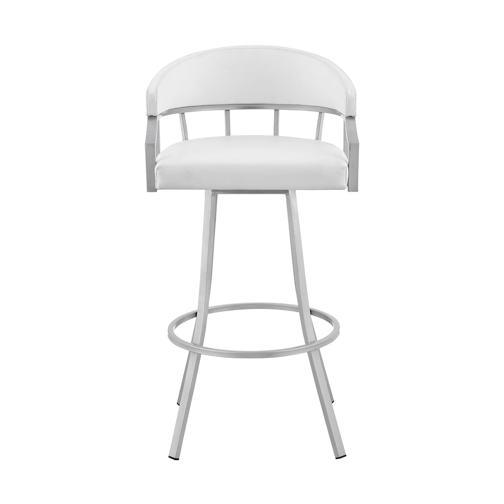 White And Silver Faux Leather And Iron Swivel Low Back Bar Height Bar Chair By Homeroots | Bar Stools | Modishstore - 7