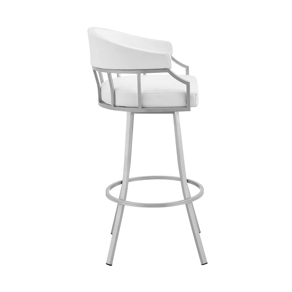 White And Silver Faux Leather And Iron Swivel Low Back Bar Height Bar Chair By Homeroots | Bar Stools | Modishstore - 2