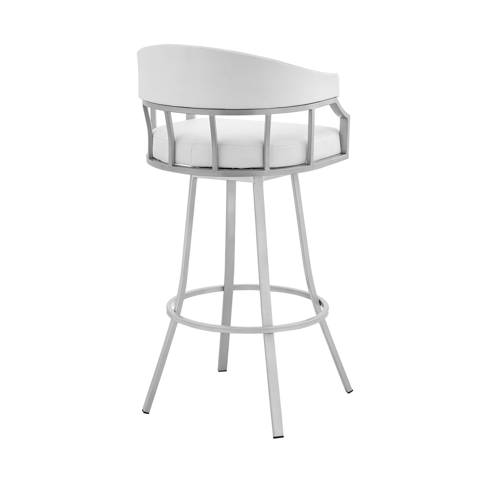 White And Silver Faux Leather And Iron Swivel Low Back Bar Height Bar Chair By Homeroots | Bar Stools | Modishstore - 3