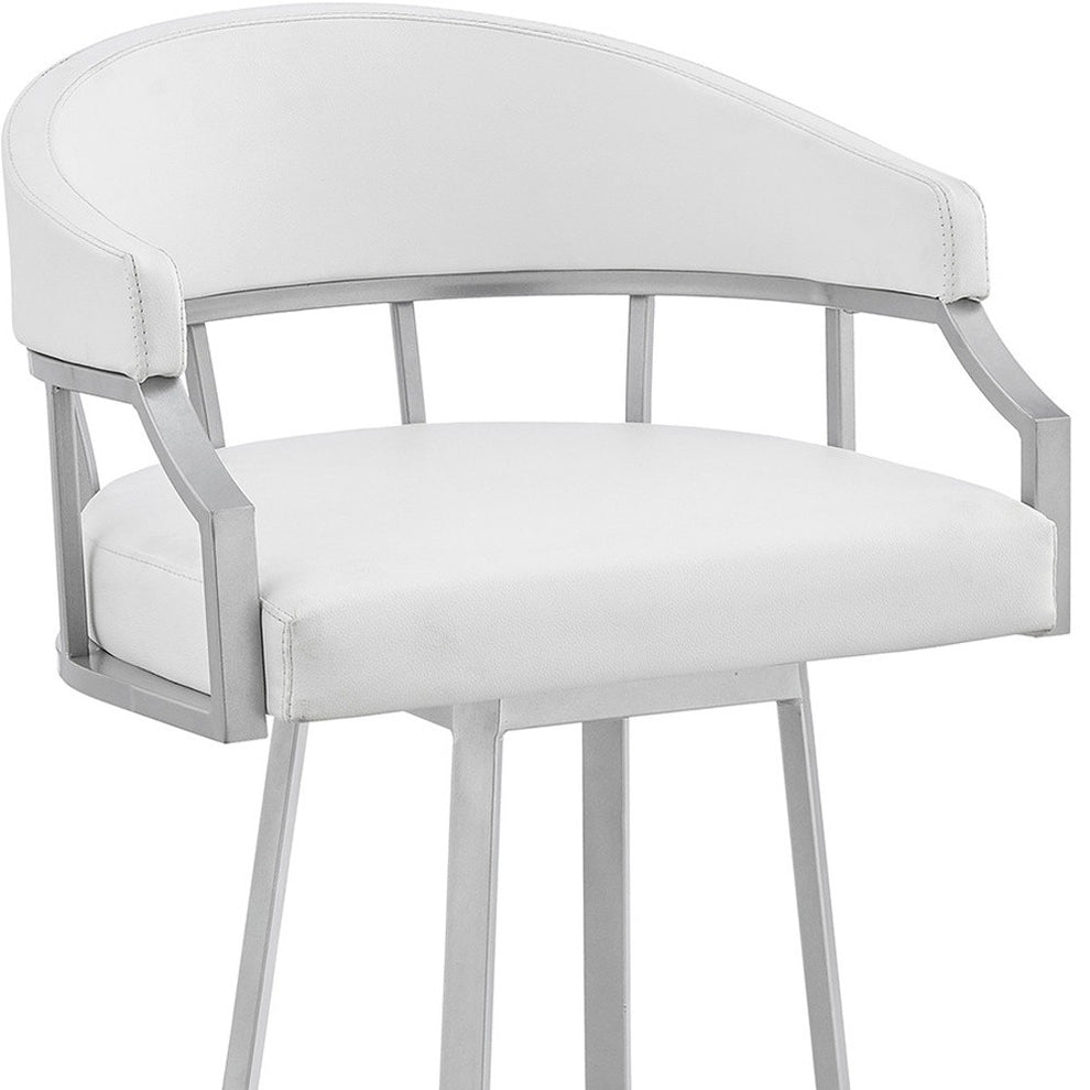 White And Silver Faux Leather And Iron Swivel Low Back Bar Height Bar Chair By Homeroots | Bar Stools | Modishstore - 6