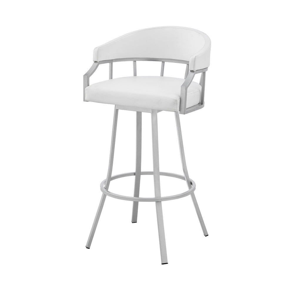 White And Silver Faux Leather And Iron Swivel Low Back Bar Height Bar Chair By Homeroots | Bar Stools | Modishstore - 5