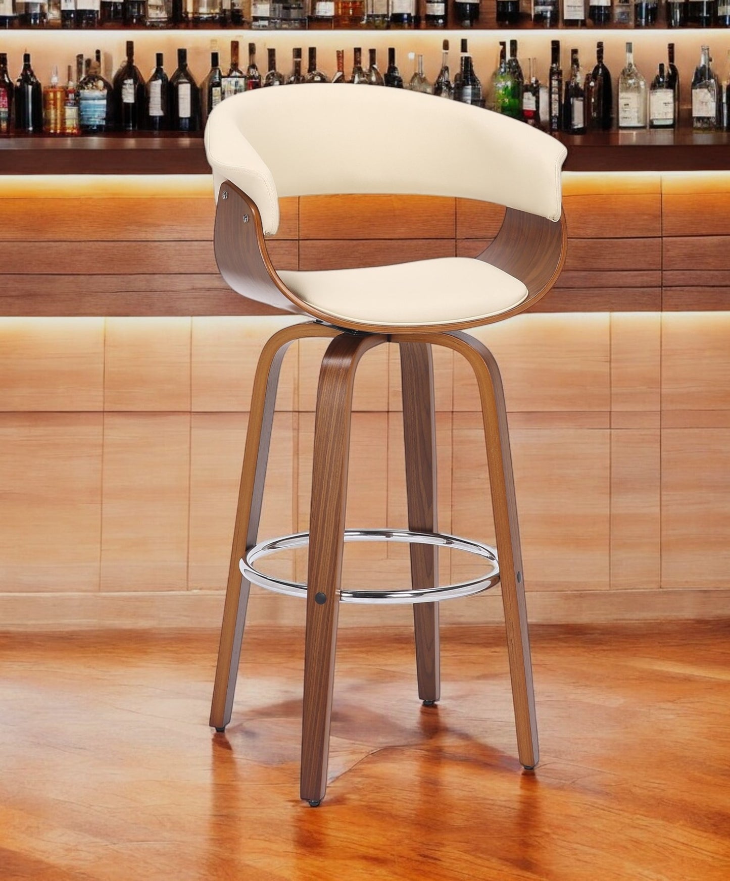 Cream and Brown Faux Leather and Solid Wood Low Back Counter Height Swivel Bar Chair By Homeroots | Bar Stools | Modishstore - 1