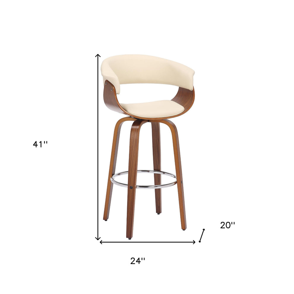 Cream And Brown Faux Leather And Solid Wood Swivel Low Back Bar Height Bar Chair By Homeroots | Bar Stools | Modishstore - 8