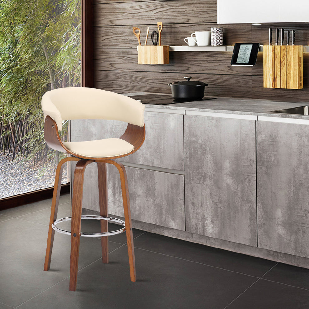 Cream And Brown Faux Leather And Solid Wood Swivel Low Back Bar Height Bar Chair By Homeroots | Bar Stools | Modishstore - 7