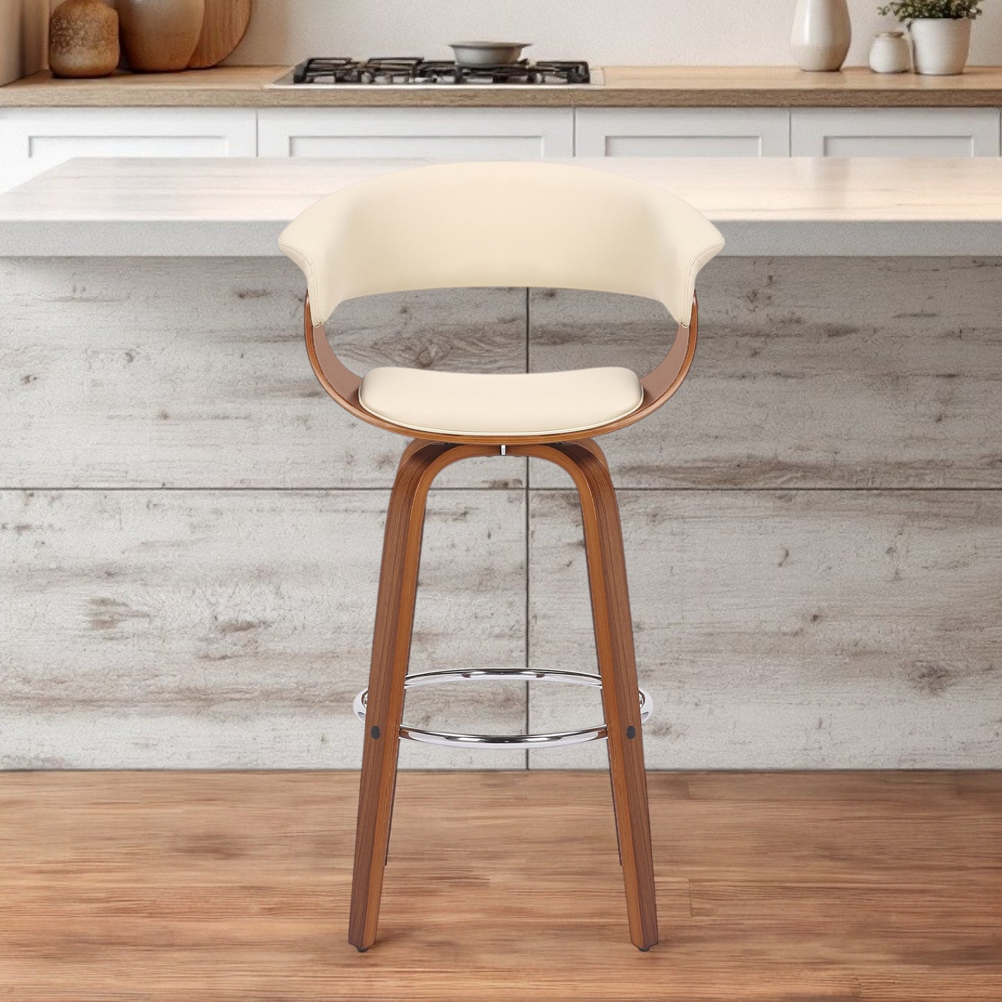 Cream And Brown Faux Leather And Solid Wood Swivel Low Back Bar Height Bar Chair By Homeroots | Bar Stools | Modishstore - 1