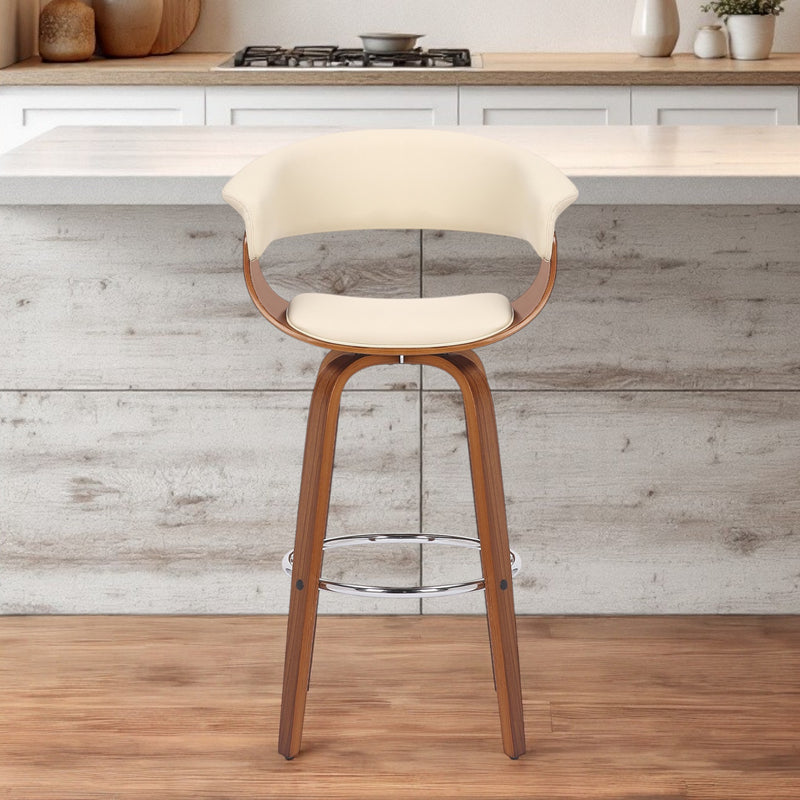 Cream And Brown Faux Leather And Solid Wood Swivel Low Back Bar Height Bar Chair By Homeroots | Bar Stools | Modishstore - 1