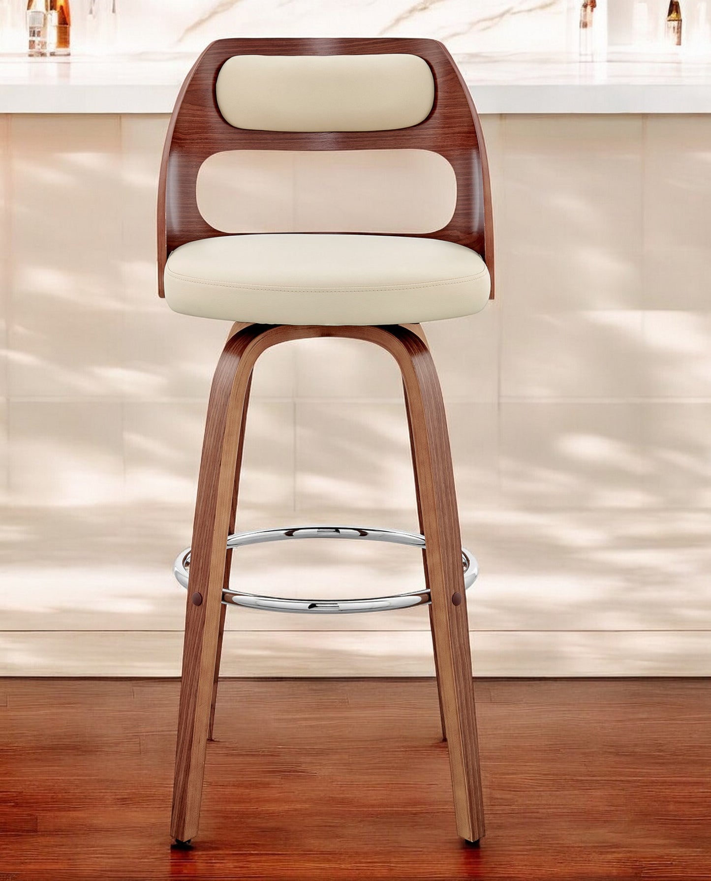 Cream and Brown Faux Leather Swivel Bar Chair By Homeroots | Bar Stools | Modishstore - 1