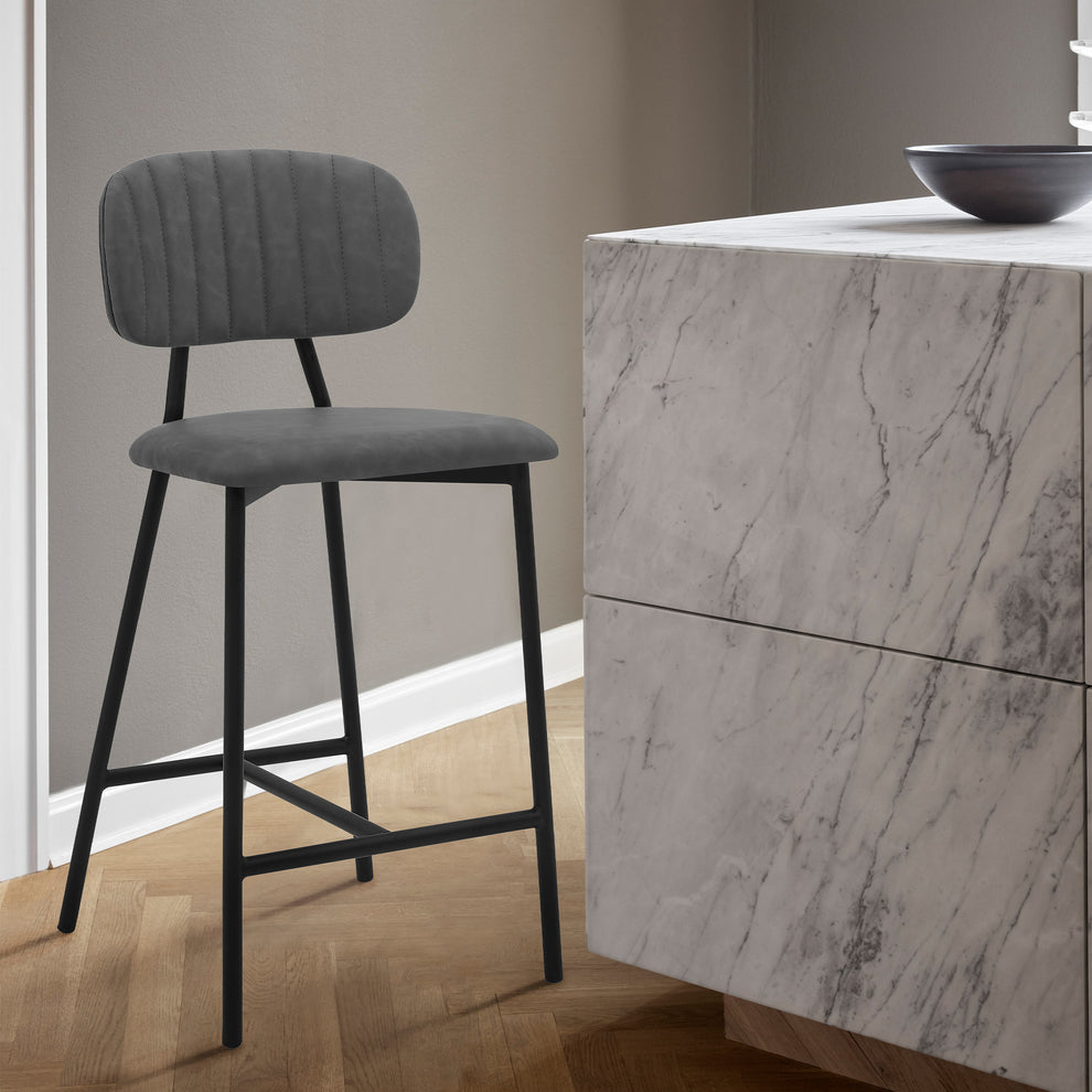 Gray and Black Faux Leather and Iron Low Back Counter Height Bar Chair By Homeroots | Bar Stools | Modishstore - 2