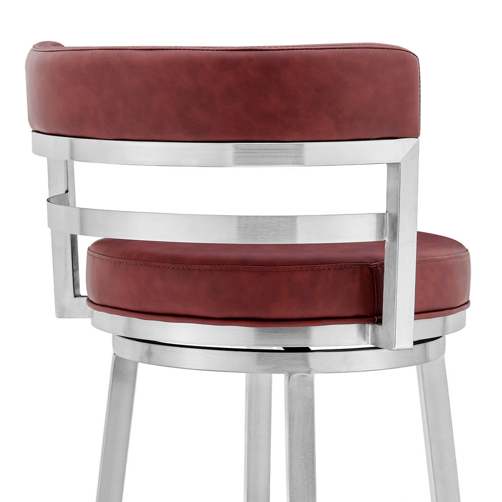 Red And Silver Faux Leather And Iron Swivel Low Back Counter Height Bar Chair By Homeroots | Bar Stools | Modishstore - 4