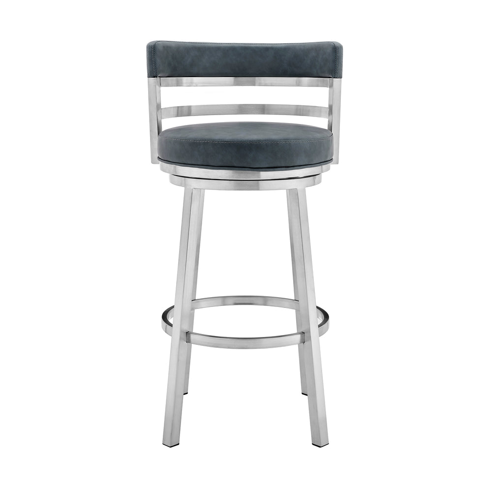 Blue and Silver Faux Leather and Stainless Steel Low Back Counter Height Swivel Bar Chair By Homeroots | Bar Stools | Modishstore - 3