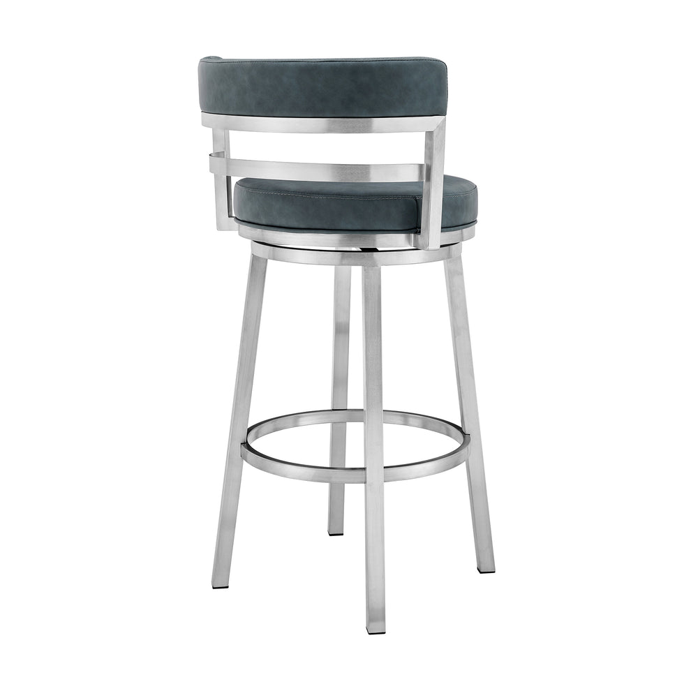 Blue and Silver Faux Leather and Stainless Steel Low Back Counter Height Swivel Bar Chair By Homeroots | Bar Stools | Modishstore - 5