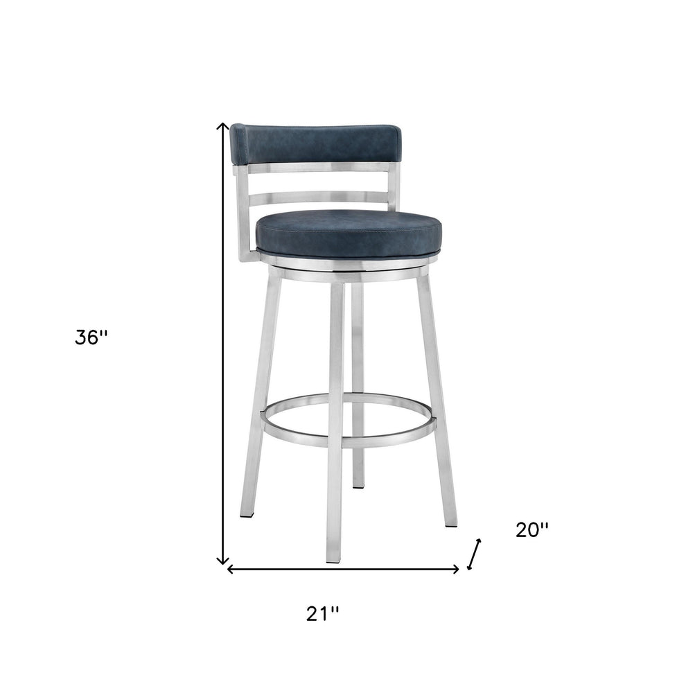 Blue and Silver Faux Leather and Stainless Steel Low Back Counter Height Swivel Bar Chair By Homeroots | Bar Stools | Modishstore - 6