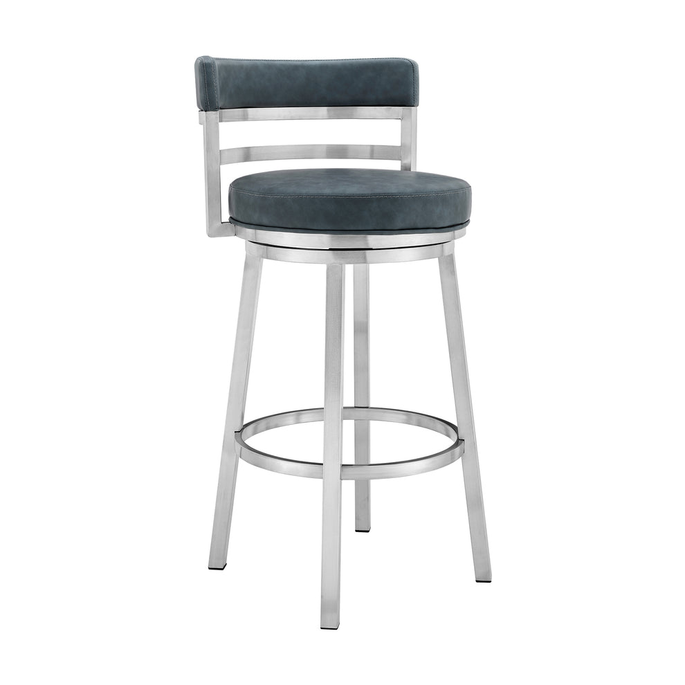 Blue and Silver Faux Leather and Stainless Steel Low Back Counter Height Swivel Bar Chair By Homeroots | Bar Stools | Modishstore - 2