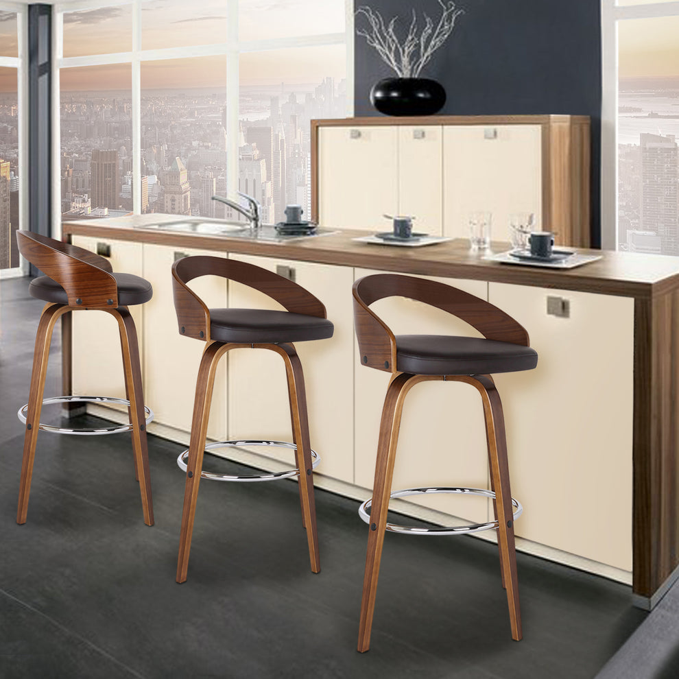 Brown Faux Leather and Solid Wood Low Back Bar Height Swivel Bar Chair By Homeroots | Bar Stools | Modishstore - 7
