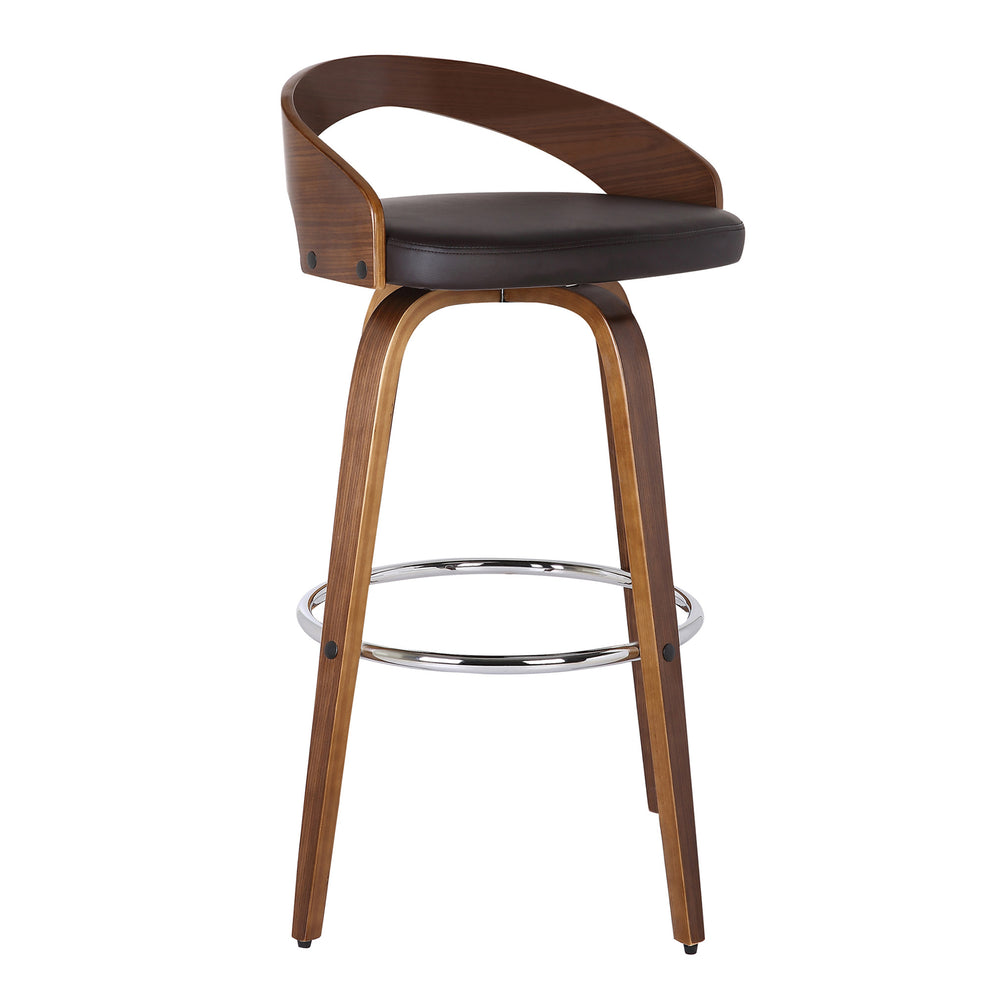 Brown Faux Leather and Solid Wood Low Back Bar Height Swivel Bar Chair By Homeroots | Bar Stools | Modishstore - 3
