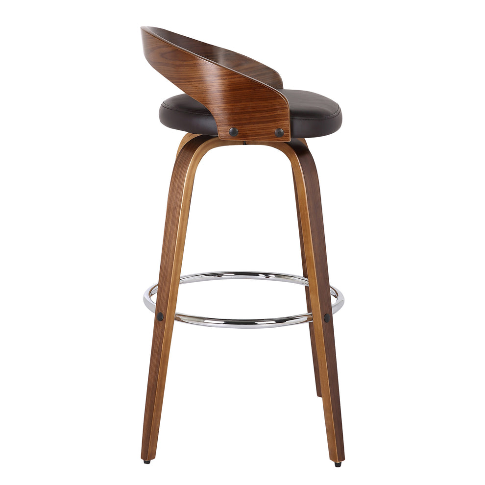 Brown Faux Leather and Solid Wood Low Back Bar Height Swivel Bar Chair By Homeroots | Bar Stools | Modishstore - 5