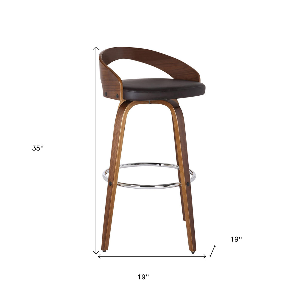 Brown Faux Leather and Solid Wood Low Back Bar Height Swivel Bar Chair By Homeroots | Bar Stools | Modishstore - 6