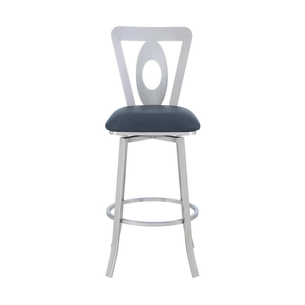 Gray And Silver Faux Leather And Iron Swivel Bar Height Bar Chair By Homeroots | Bar Stools | Modishstore - 3