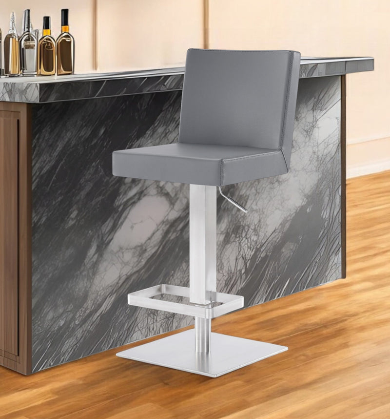 Gray and Silver Faux Leather and Iron Adjustable Height Swivel Bar Chair By Homeroots | Bar Stools | Modishstore - 1