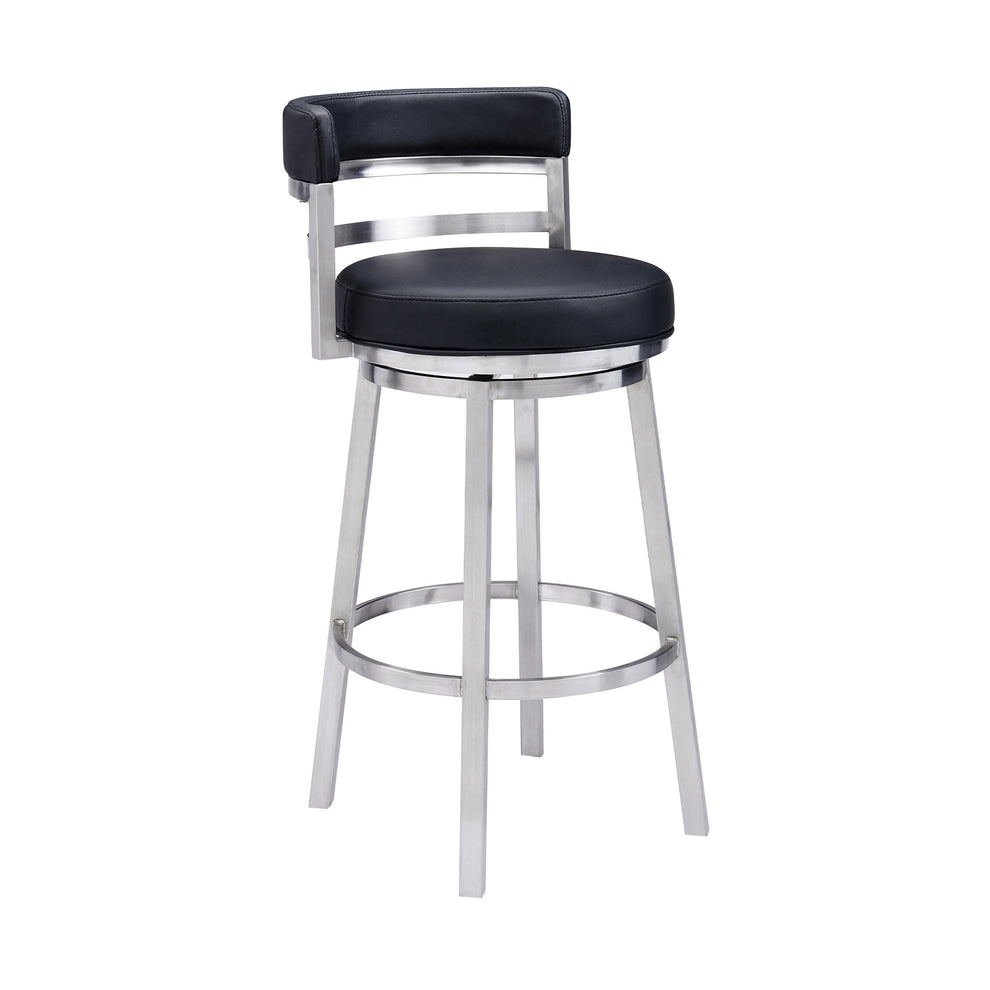 Black And Silver Faux Leather And Iron Swivel Low Back Bar Height Bar Chair By Homeroots | Bar Stools | Modishstore - 5