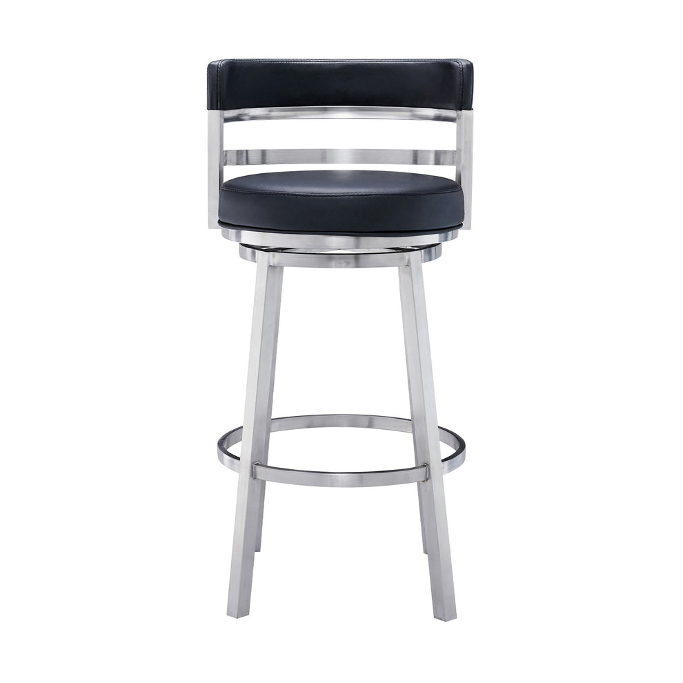 Black And Silver Faux Leather And Iron Swivel Low Back Bar Height Bar Chair By Homeroots | Bar Stools | Modishstore - 2