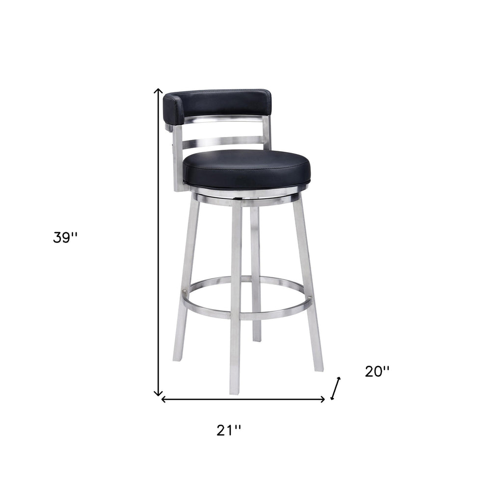 Black And Silver Faux Leather And Iron Swivel Low Back Bar Height Bar Chair By Homeroots | Bar Stools | Modishstore - 7